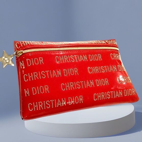 CHRISTIAN DIOR RED PATENT LEATHER CLUTCH WITH RHINESTONES SILVER STAR CH… - Picture 4 of 8